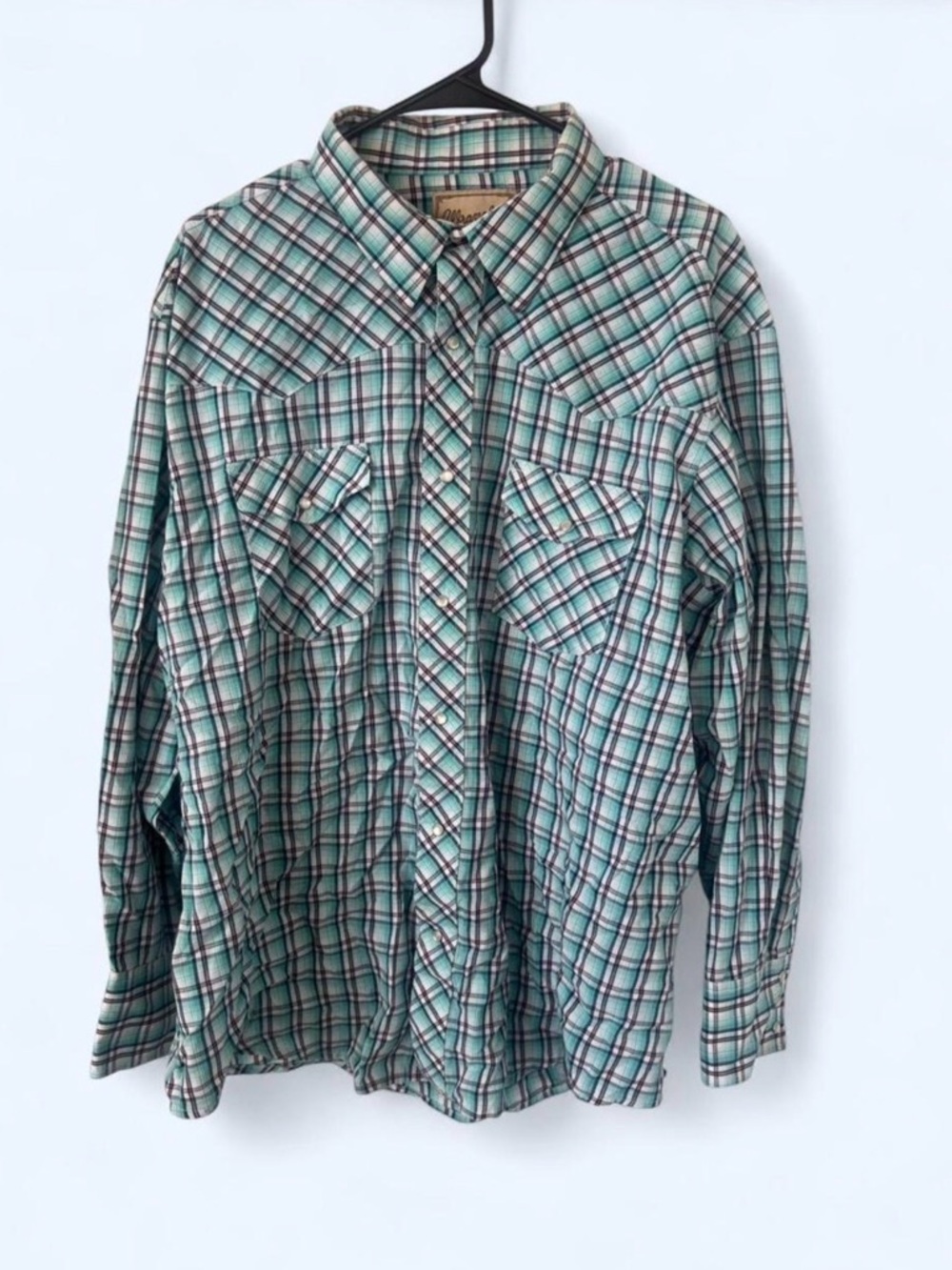 Wrangler Men's Teal Plaid Pearl Snap Button Shirt - Classic Casual XL